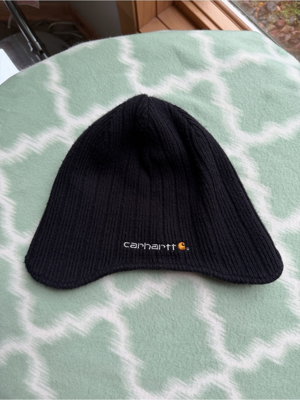 Carhartt Black Thick Ribbed Knit Earflap Hat with Logo